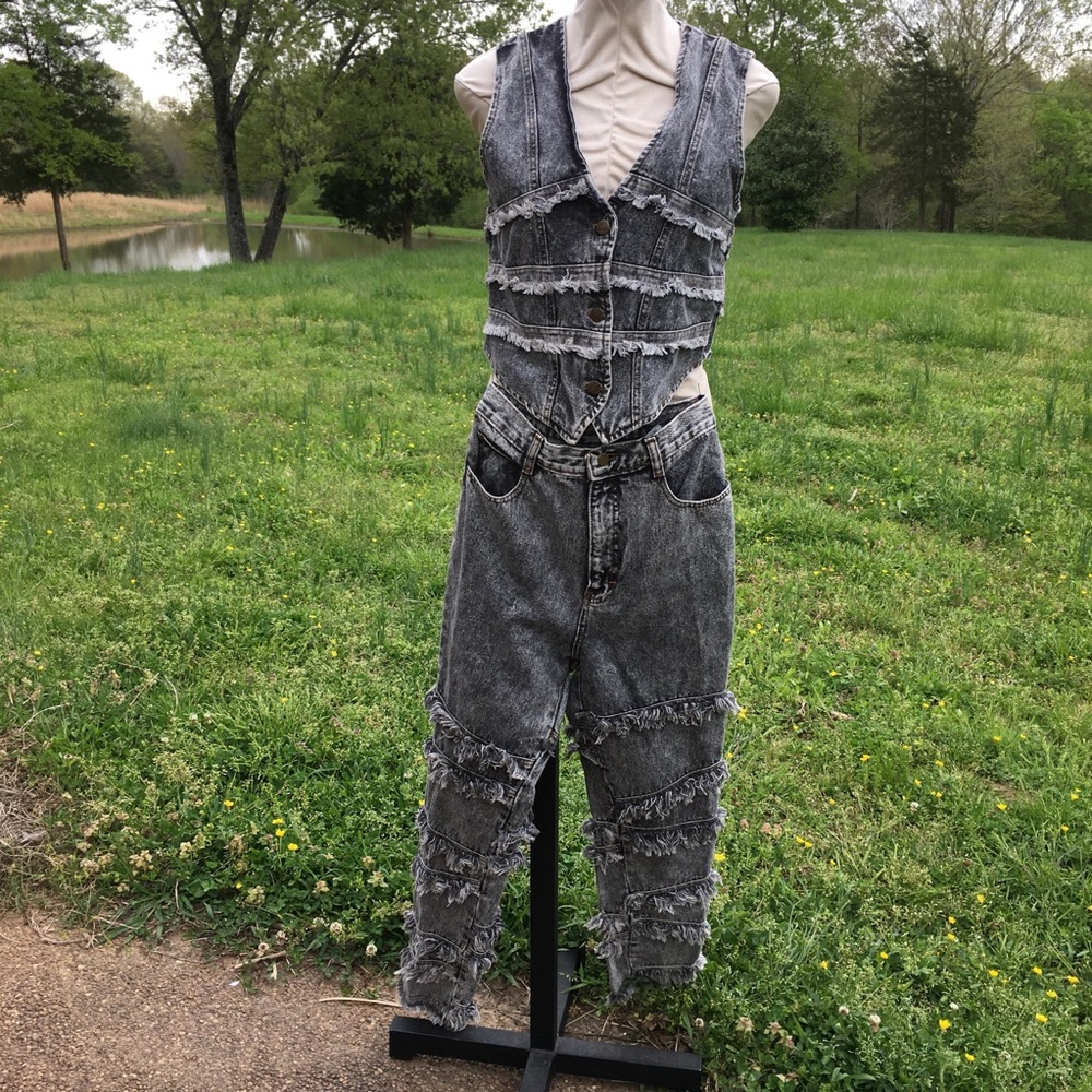 Vintage 80’s Fuse Paris Acid Wash High Waist Fringed Jeans & Vest  VERY RARE